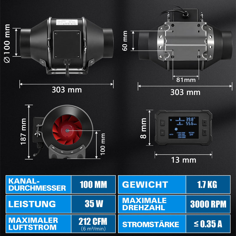 XIIW EC Rohrventilator 100 mm, 360 m³/h 35W Inline Rohrlüfter mit WLAN, Temperatur- & Feuchtigkeitssensor, Timer