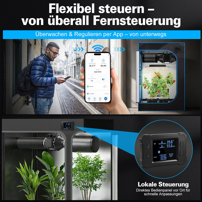 XIIW EC Rohrventilator 150 mm WLAN, 683 m³/h, 70W Inline Rohrlüfter mit Temperatur- & Feuchtigkeitssensor, Timer, IP44