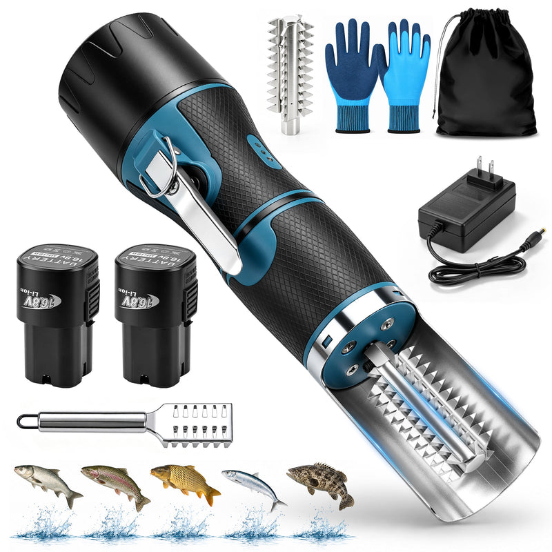 XIIW Elektrischer Fischentschupper 650W 7500 U/min, Fischschupper mit 2×2200mAh Akkus, 304 Edelstahl, abwaschbar, 180° Schutzhaube