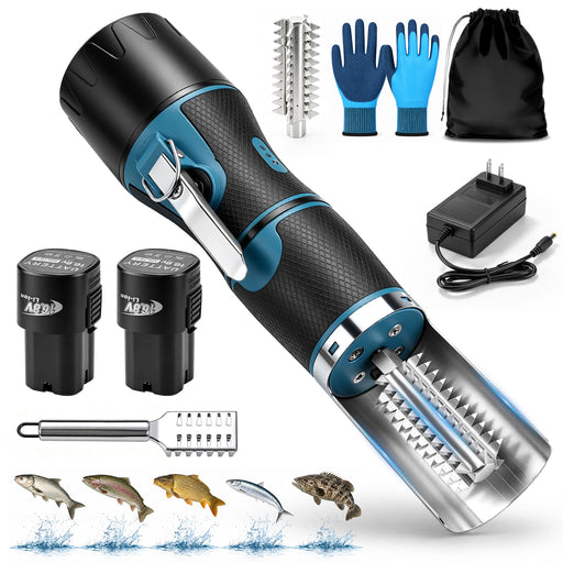 XIIW Elektrischer Fischentschupper 650W 7500 U/min, Fischschupper mit 2×2200mAh Akkus, 304 Edelstahl, abwaschbar, 180° Schutzhaube