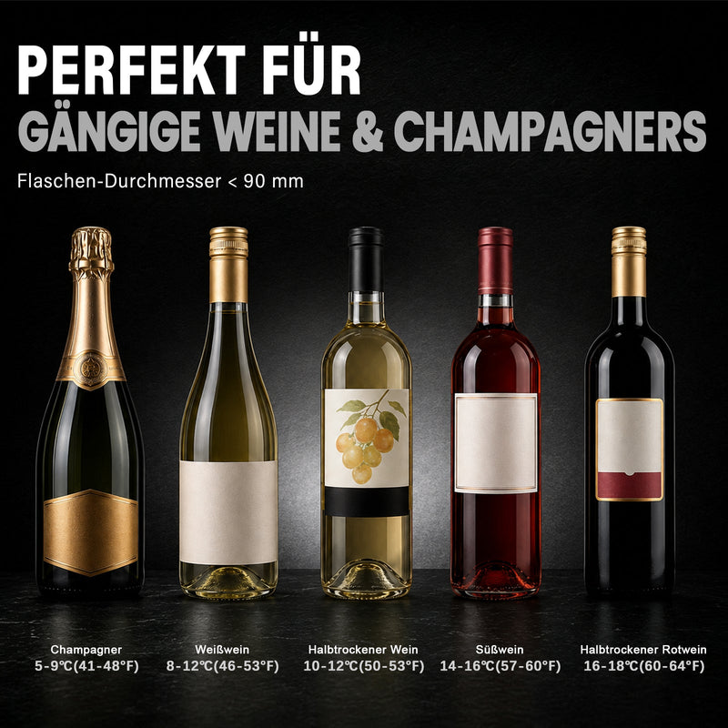 XIIW Elektrischer Weinkühler 5–18 °C, Flaschenkühler bis Ø92 mm mit Touchscreen, 39 dB für Wein, Sekt & Champagner