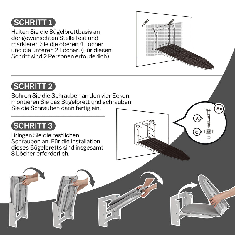 XIIW Höhenverstellbares Wand - Bügelbrett – Klappbar und Platzsparend für kleine Wohnungen – 92 x 31 cm, bis 15 kg