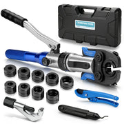 XIIW Hydraulische Presszange 80 kN, V- & TH-Kontur 12–32 mm, 14-teiliges Rohrpresszangen-Set mit Rohrschneidern und Entgrater