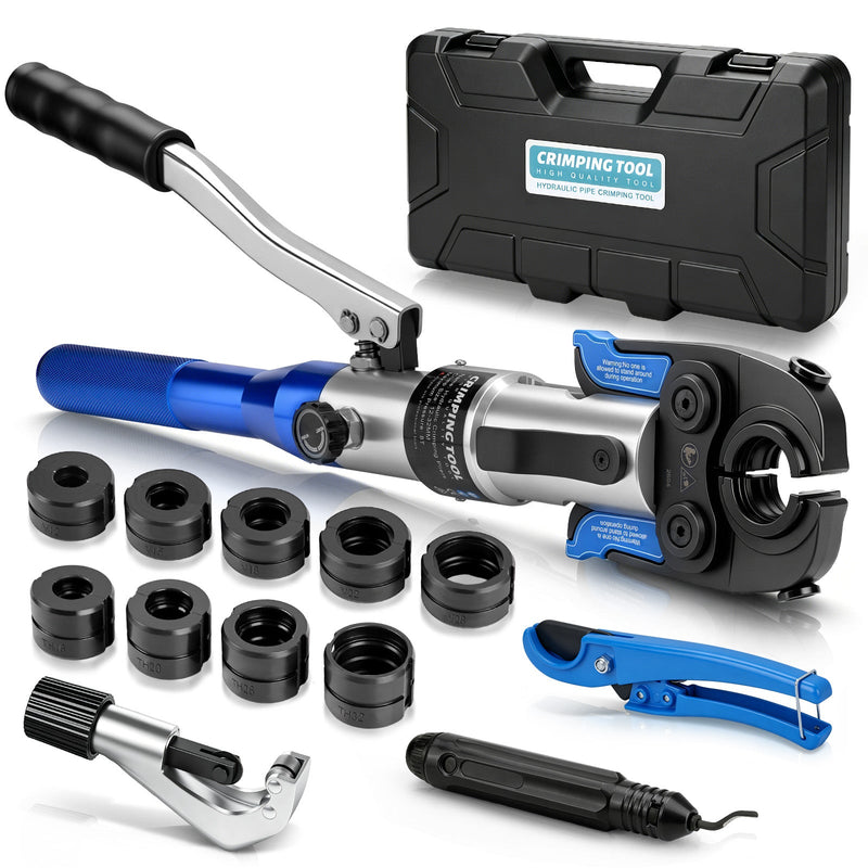 XIIW Hydraulische Presszange 80 kN, V- & TH-Kontur 12–32 mm, 14-teiliges Rohrpresszangen-Set mit Rohrschneidern und Entgrater