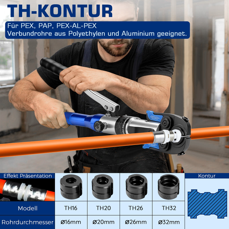 XIIW Hydraulische Presszange 80 kN, V- & TH-Kontur 12–32 mm, 14-teiliges Rohrpresszangen-Set mit Rohrschneidern und Entgrater