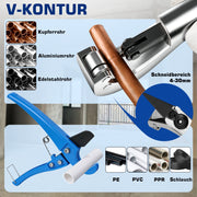 XIIW Hydraulische Presszange 80 kN, V- & TH-Kontur 12–32 mm, 14-teiliges Rohrpresszangen-Set mit Rohrschneidern und Entgrater