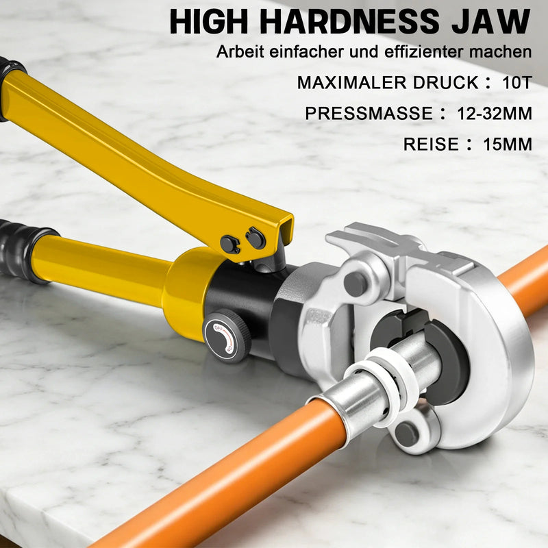 Pince à sertir hydraulique XIIW 100 kN avec 9 mâchoires de sertissage – contours V et TH 12–32 mm, kit complet avec coupe-tube, ébavureur et coffret