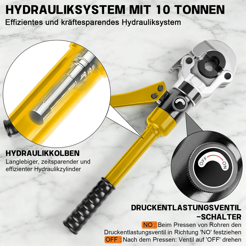 Pince à sertir hydraulique pour tubes XIIW 100 kN avec 9 mâchoires de sertissage – profil V et TH 12–32 mm, kit complet avec coupe-tube, ébavureur et mallette