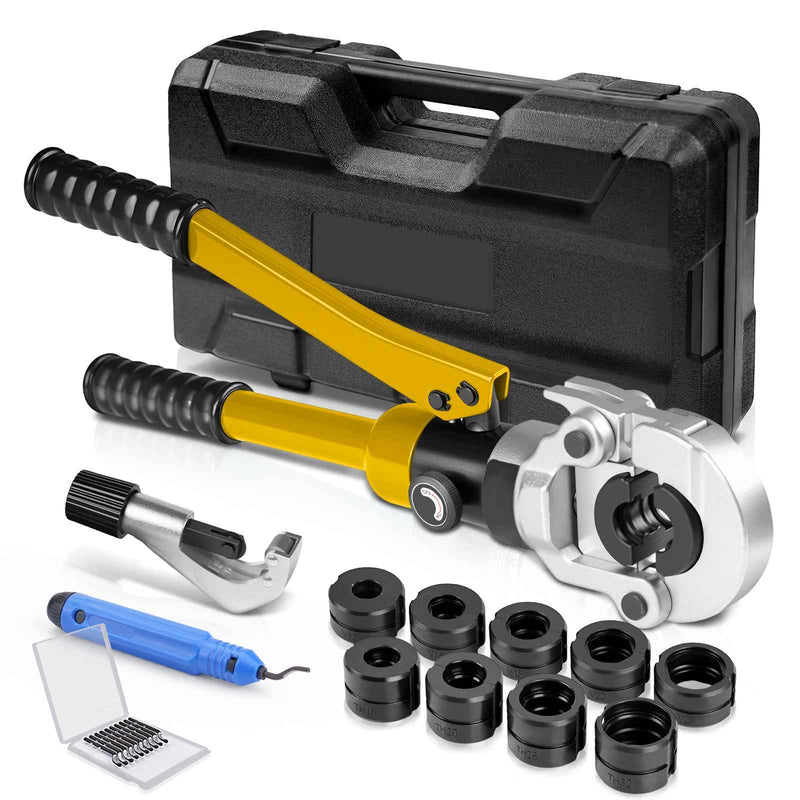 Pince à sertir hydraulique pour tubes XIIW 100 kN avec 9 mâchoires de sertissage – profil V et TH 12–32 mm, kit complet avec coupe-tube, ébavureur et coffret