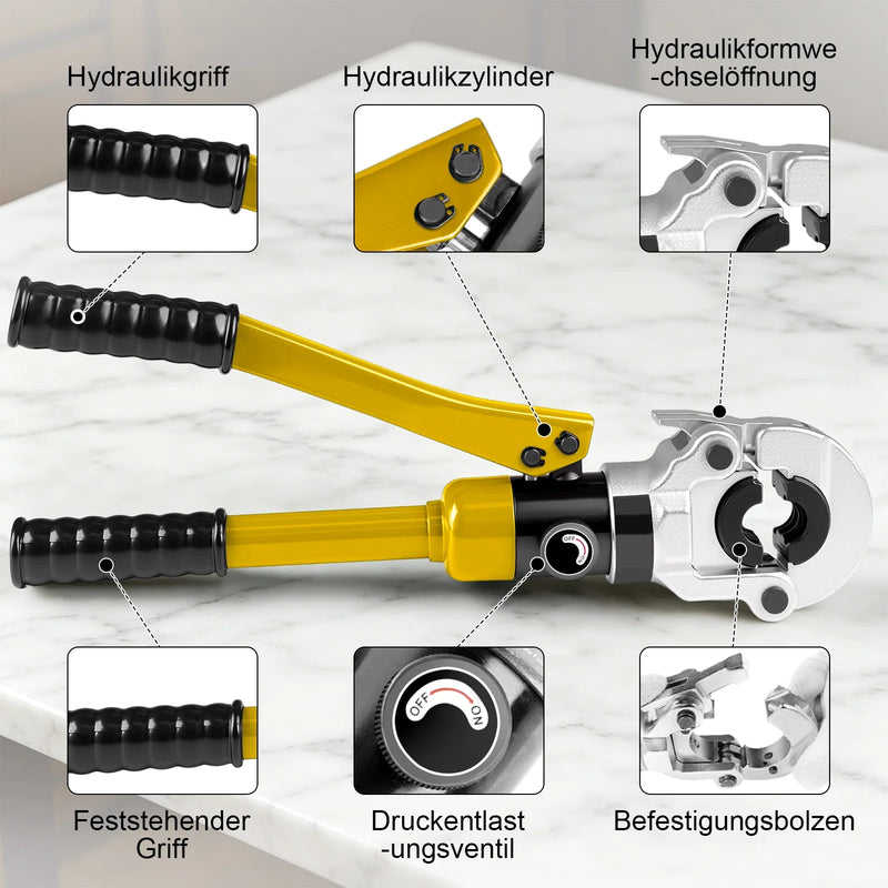 XIIW pince à sertir hydraulique pour tubes 100 kN avec 9 mâchoires de sertissage – contour V et TH 12–32 mm, kit complet avec coupe-tube, ébavureur et coffret