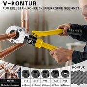 Pince à sertir hydraulique pour tubes XIIW 100 kN avec 9 mâchoires de sertissage – profil V et TH 12–32 mm, kit complet avec coupe-tube, ébavureur et coffret