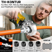 XIIW pince à sertir hydraulique pour tuyaux 100 kN avec 9 mors de sertissage – contours V et TH 12–32 mm, kit complet avec coupe-tube, ébavureur et mallette