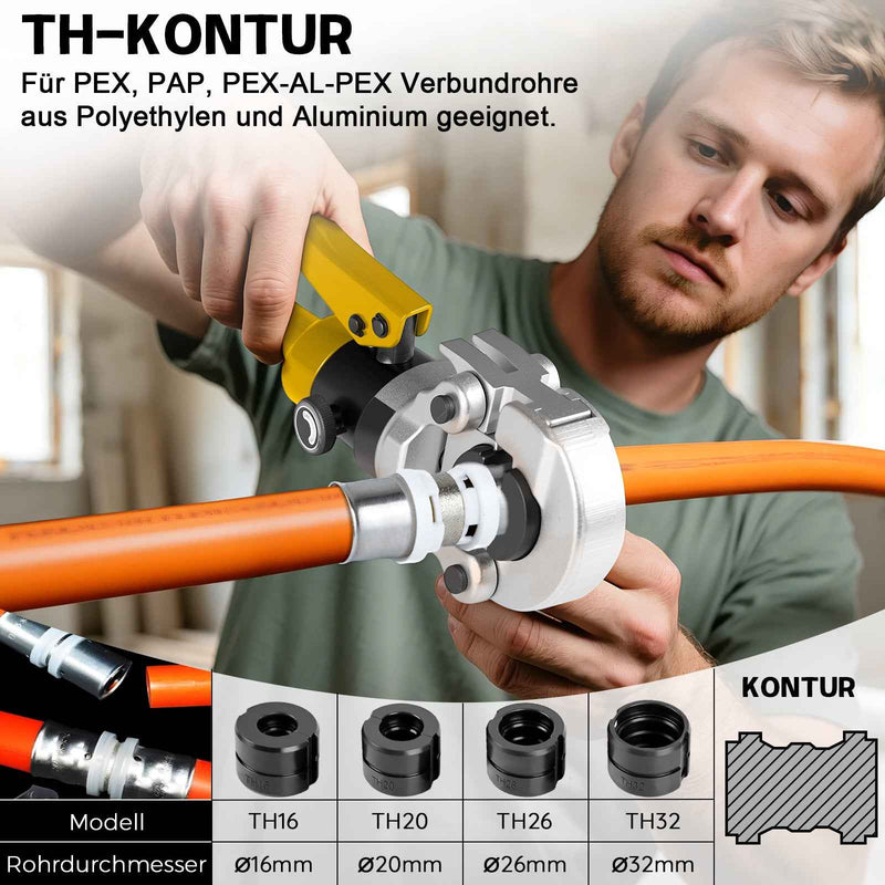 XIIW pince à sertir hydraulique pour tuyaux 100 kN avec 9 mors de sertissage – contours V et TH 12–32 mm, kit complet avec coupe-tube, ébavureur et mallette