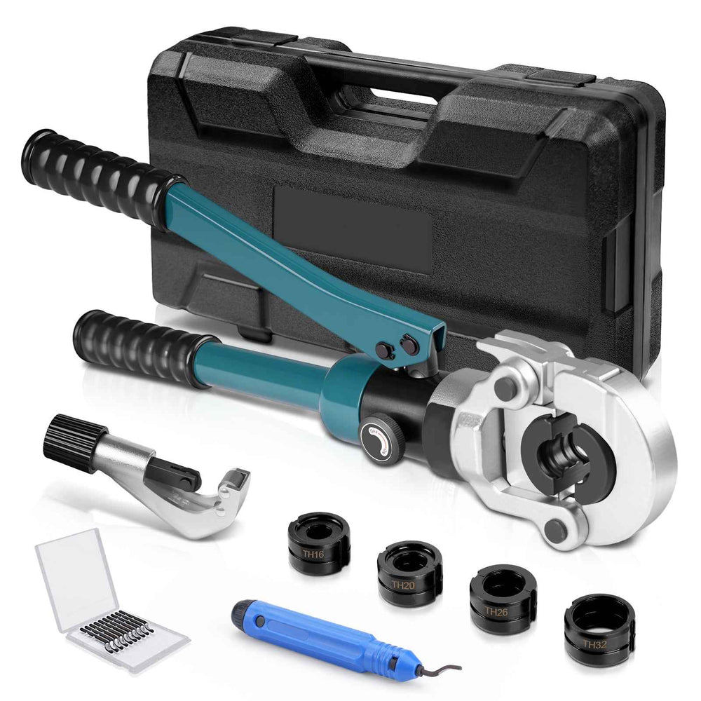 XIIW hydraulische persbek 100 kN – TH-persbekkenset TH16–TH32 met pijpsnijder, ontbramer en transportkoffer