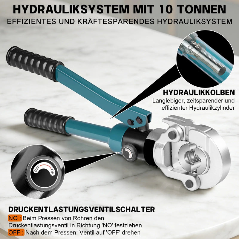 XIIW Hydraulische Rohrpresszange 100 kN – V-Kontur Set V12–V28 mit 5 Pressbacken, Rohrabschneider, Entgrater und Koffer