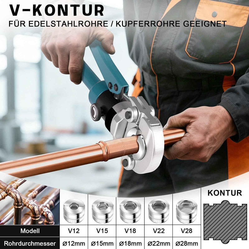 XIIW Hydraulische Rohrpresszange 100 kN – V-Kontur Set V12–V28 mit 5 Pressbacken, Rohrabschneider, Entgrater und Koffer