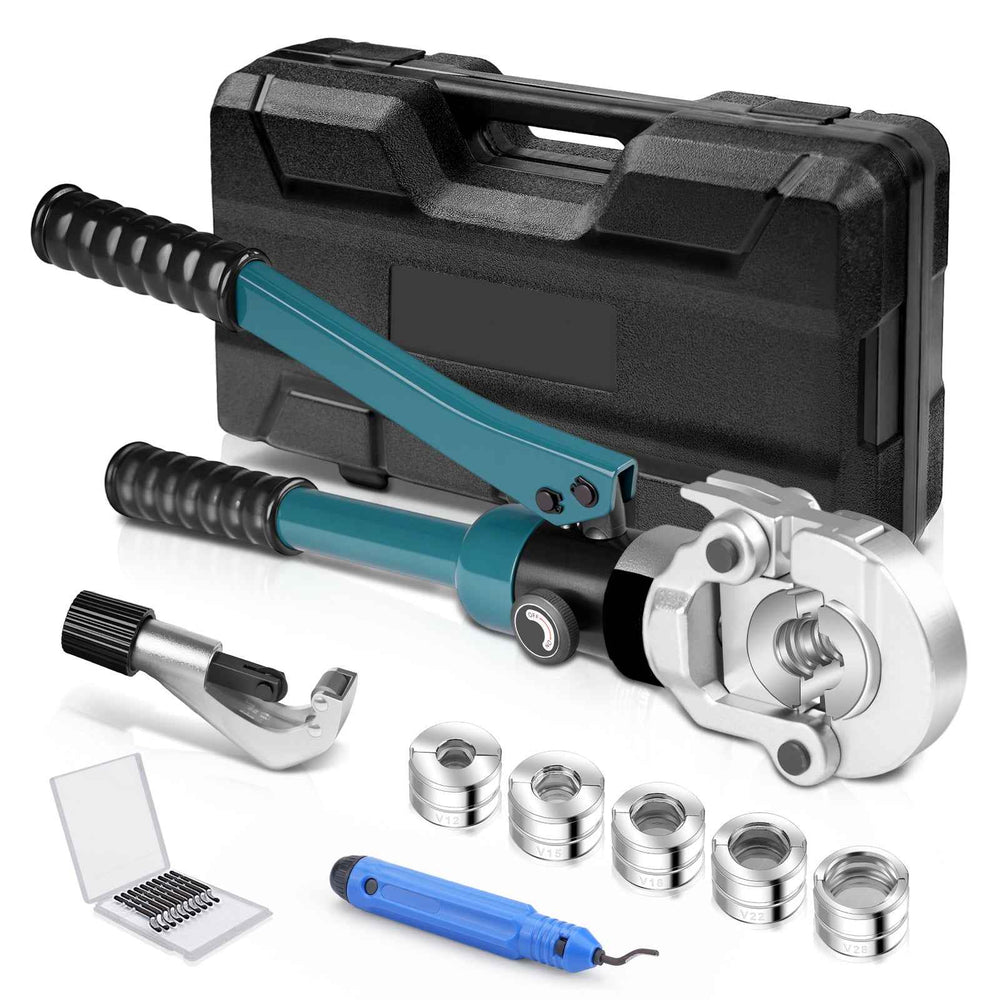 XIIW Pince à sertir hydraulique pour tuyaux 100 kN – kit profil V V12–V28 avec 5 mors de sertissage, coupe-tube, ébavureur et mallette