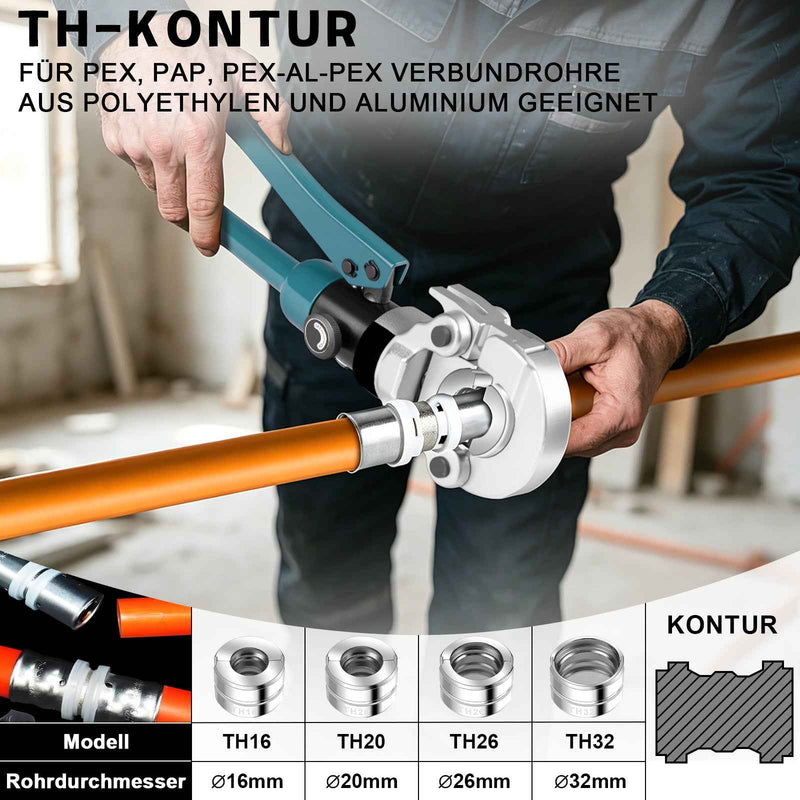 XIIW Hydraulische Rohrpresszange 100 kN – V- & TH-Kontur Set mit 9 Pressbacken, Rohrabschneider, Entgrater und Koffer