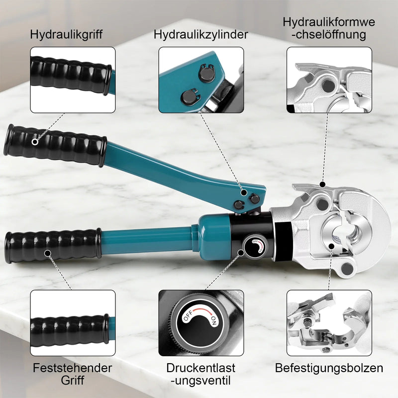 XIIW Hydraulische Rohrpresszange 100 kN – V- & TH-Kontur Set mit 9 Pressbacken, Rohrabschneider, Entgrater und Koffer