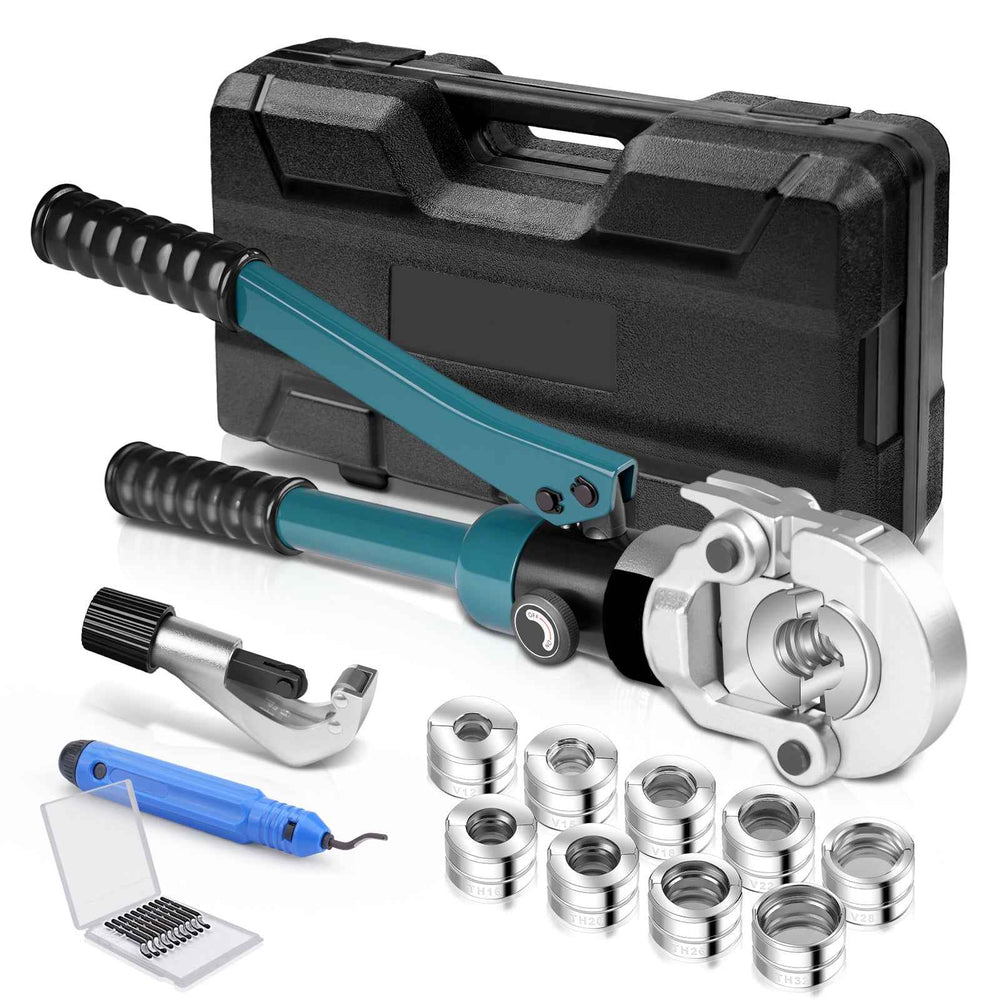 XIIW Hydraulic pipe crimping pliers 100 kN – V & TH contour set with 9 press jaws, pipe cutter, deburrer and case