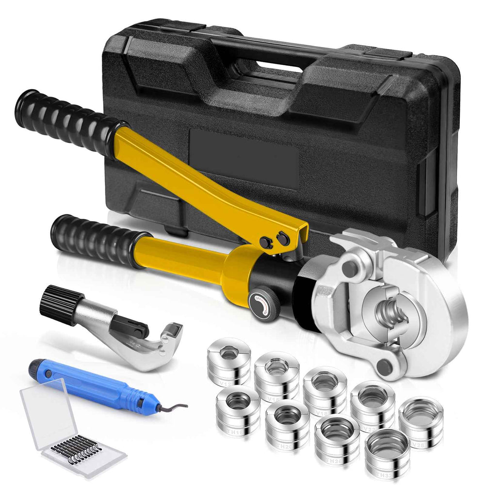 XIIW hydraulisk rörpress 100 kN – V- & TH-profilset med 9 pressbackar, röravskärare, avgradare och väska