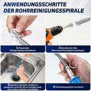 XIIW Rohrreinigungsspirale Ø12 mm 2x3 m, Abflussspirale mit 7 Köpfen, Handkurbel & Bohrmaschinenadapter, Rohre bis Ø80 mm