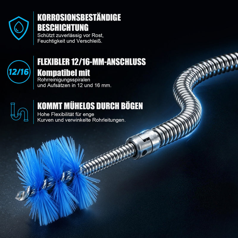 XIIW Rohrreinigungsspirale Ø12 mm 2x3 m, Abflussspirale mit 7 Köpfen, Handkurbel & Bohrmaschinenadapter, Rohre bis Ø80 mm