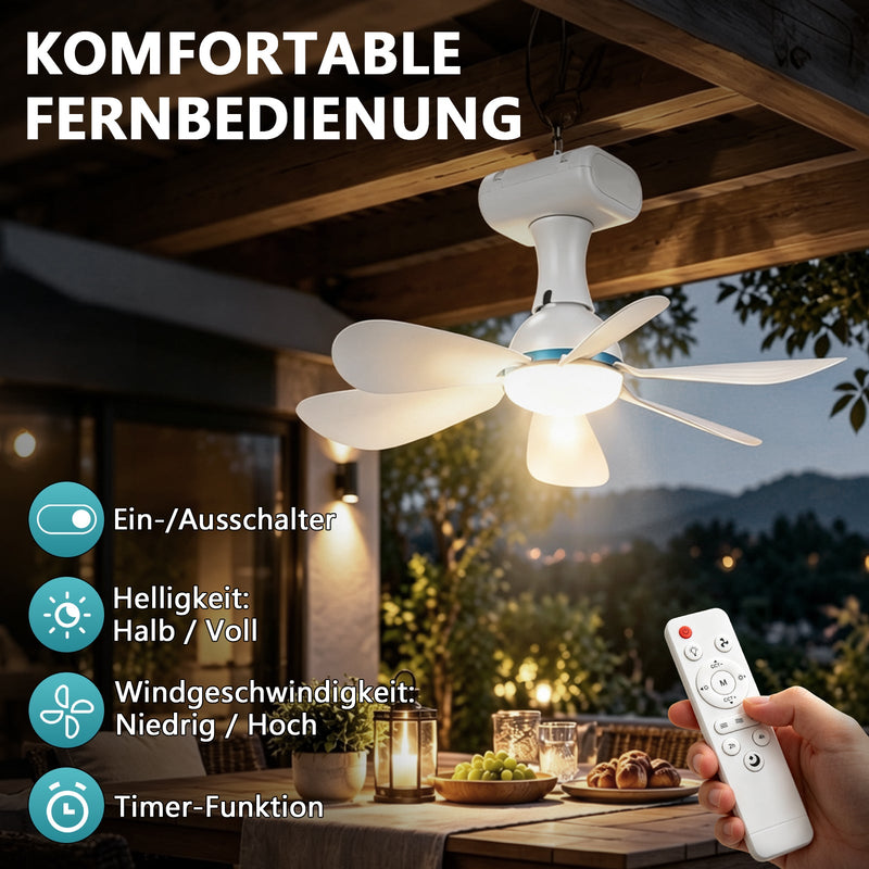 XIIW Solar Camping Ventilator mit LED Licht, 6000mAh Akku, Solarpanel, Fernbedienung & Timer, 3 Lichtfarben, für Zelt & Wohnmobil