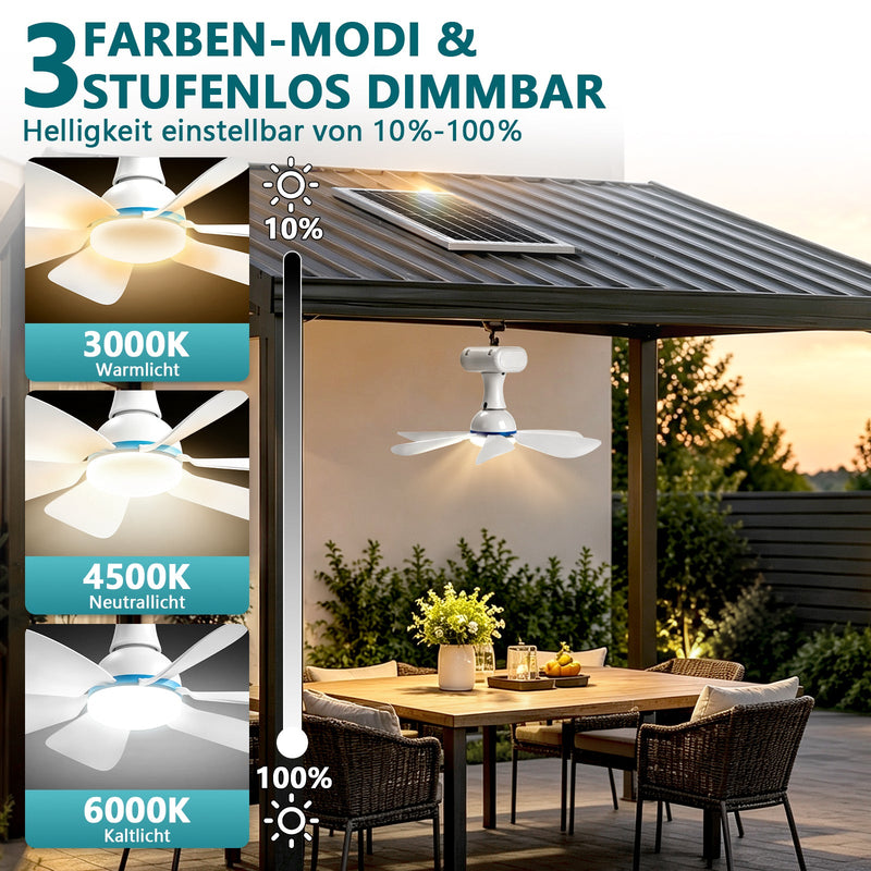 XIIW Solar Camping Ventilator mit LED Licht, 6000mAh Akku, Solarpanel, Fernbedienung & Timer, 3 Lichtfarben, für Zelt & Wohnmobil