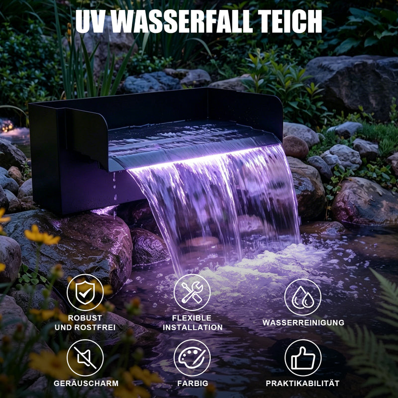Kit de cascade pour bassin XIIW avec pompe 3000 l/h, clarificateur UVC, éclairage RGB et cascade en acier inoxydable