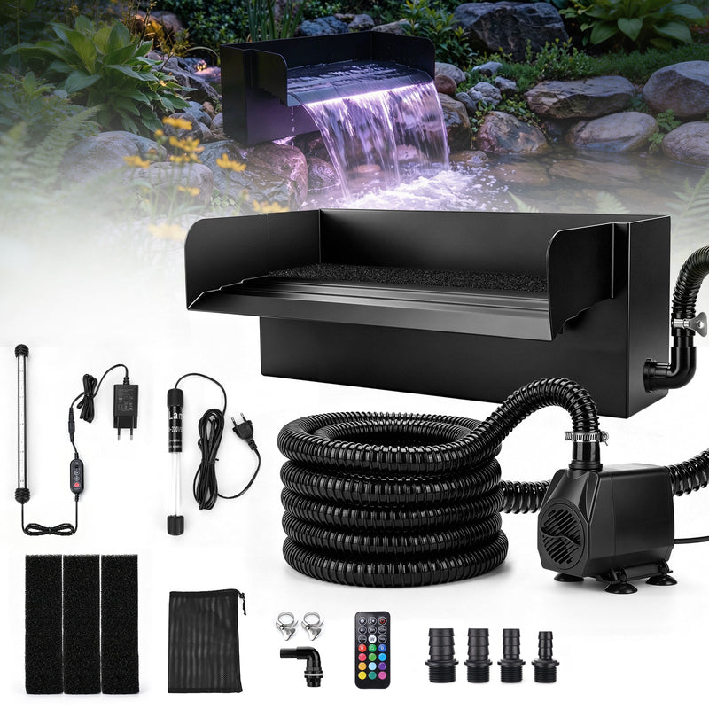 Set de cascade de bassin XIIW avec pompe 3000 l/h, clarificateur UVC, éclairage RGB et cascade en acier inoxydable