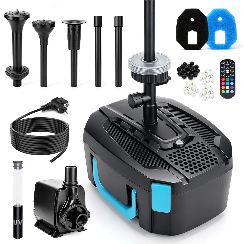 XIIW lampisuodatin UVC:llä, 45W-pumppu 3000 l/h, RGB-valo, 3 suihkulähdesuutinta & vesiputous