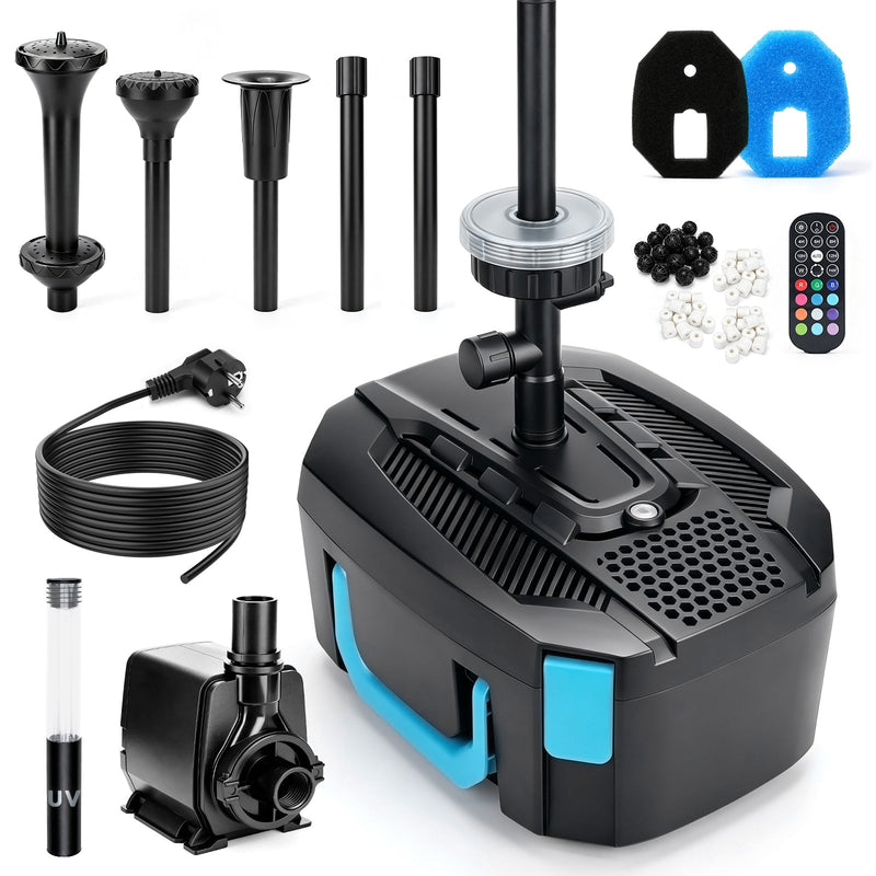 XIIW pond filter with UVC, 45W pump 3000 l/h, RGB light, 3 fountain nozzles & waterfall