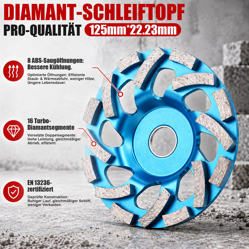XIIW Capot d’aspiration pour meuleuse d’angle 125 mm avec 3 coupelles diamantées, aspiration de poussière pour béton, chape & plâtre, ponçage au ras des bords