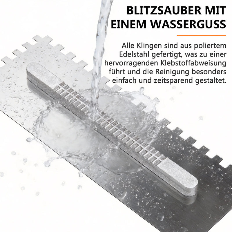 Zahnglättekelle Set – 6 austauschbare Klingen, ergonomischer Griff, ideal für Fliesen, Naturstein, Beton & Bodenbeläge