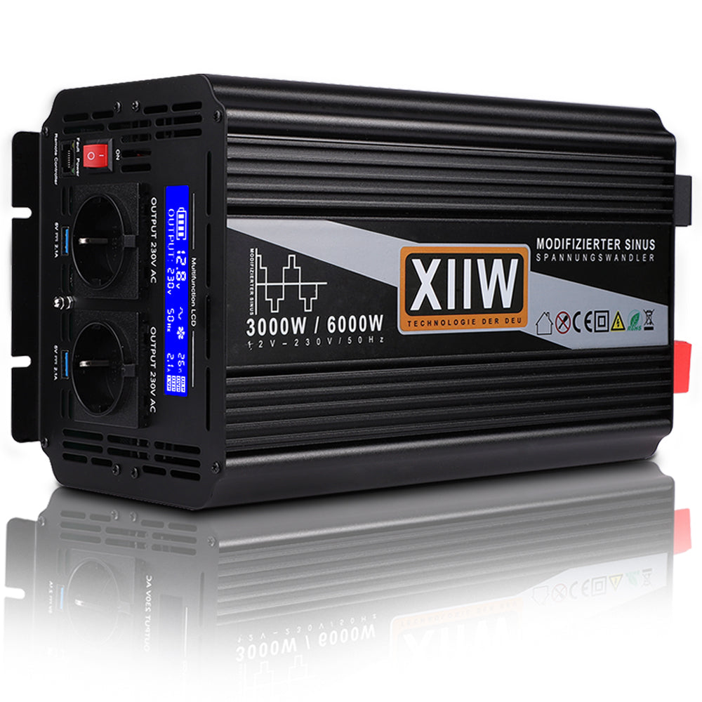 Yinleader Spannungswandler 3000W/6000W 12V 230V modifizierter Sinus  Wechselrichter Power Inverter mit 2 Steckdose 1 USB und LED-Display, für  Auto