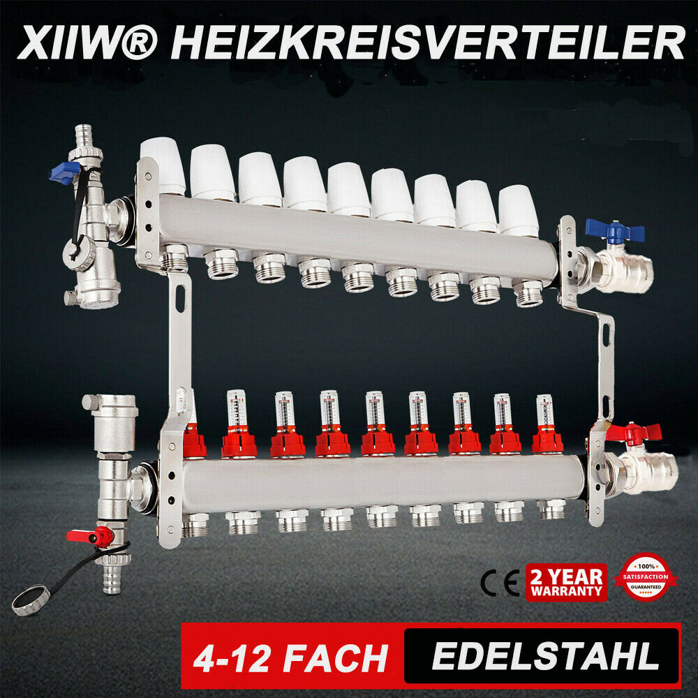 Heizkreisverteiler | 4-8 fach | Mit Entlüfter | Kugelhähne 1" | Anschlüsse für Eurokonus 3/4"