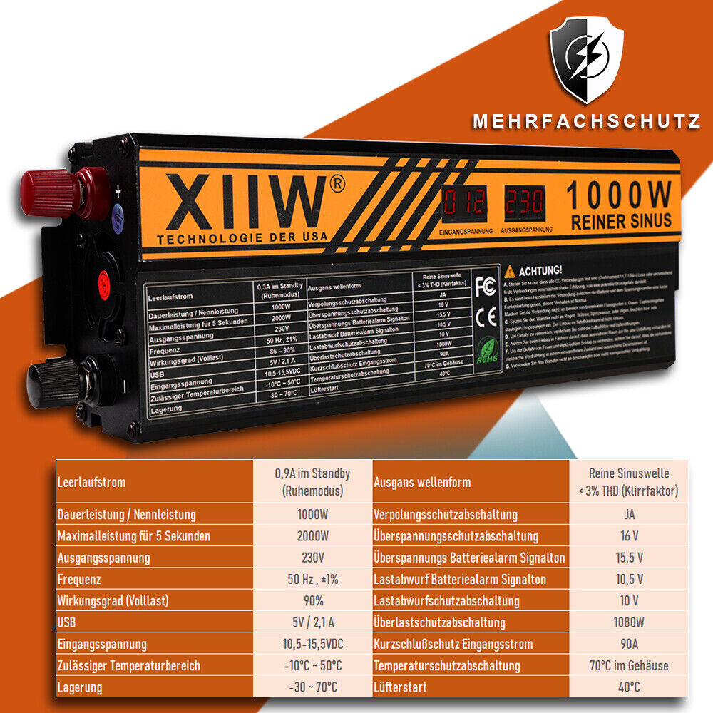 XIIW Spannungswandler 1000W 2000W Wechselrichter DC12V auf AC 230V Power  Solar Inverter 4USB, Reiner Sinus, LCD, 4M Fernbedienung, Umwandler  Stromwandler