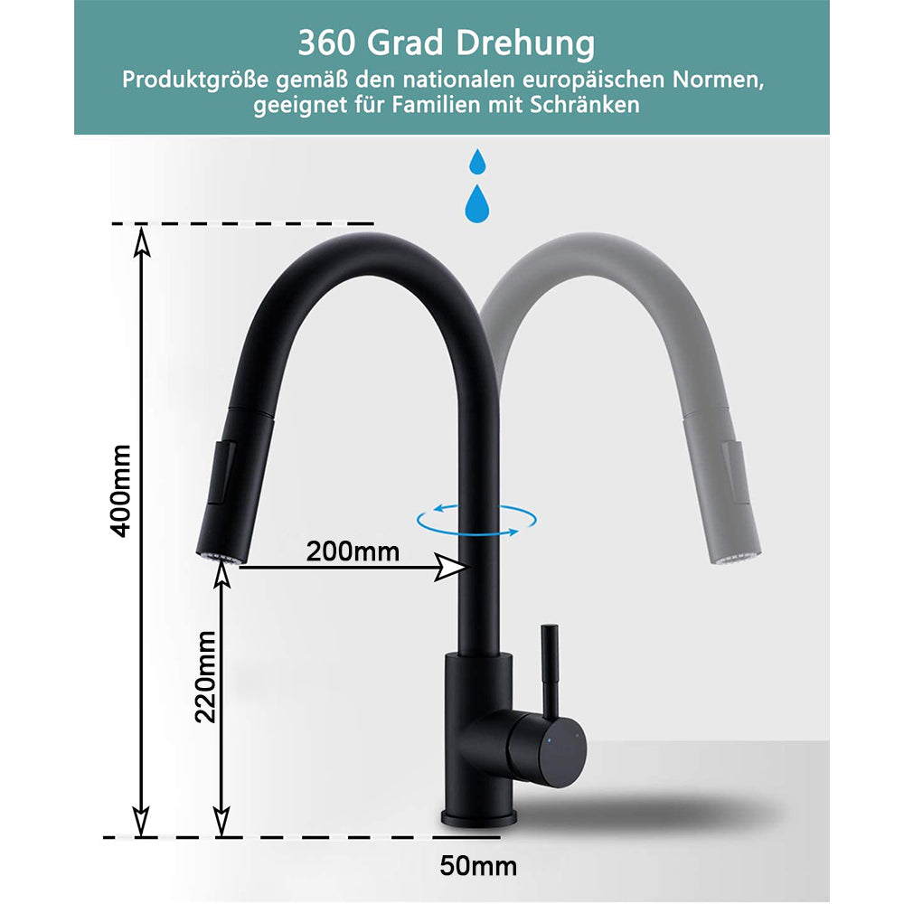 XIIW Spültischarmatur Mischbatterie | Ausziehbar| Hochdruck | mit Brause | 2 Strahlarten | 360° | Einziehbarer Schlauch