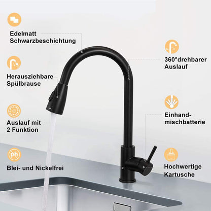 XIIW Spültischarmatur Mischbatterie | Einziehbarer Schlauch | 360° | mit Brause | Ausziehbar | 3 Sprühmodi| - XIIW