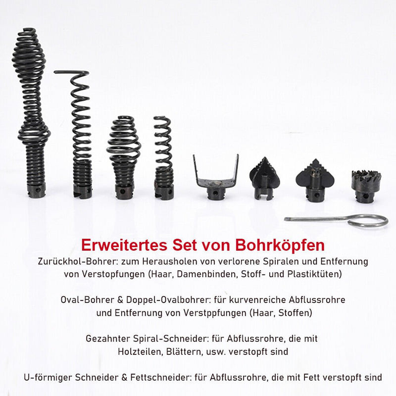 500W Rohrreinigungsmaschine mit 18,5m Ø16mm & 2,5m Ø10mm Spirale für Ø30 - 100mm Rohrleitungen