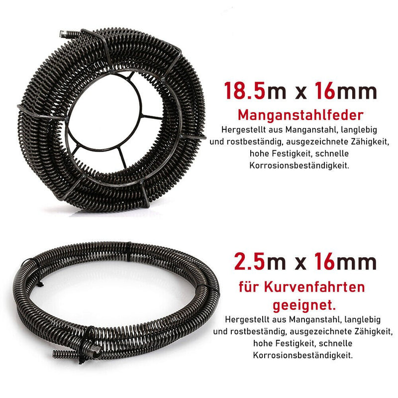500W Rohrreinigungsmaschine mit 18,5m Ø16mm & 2,5m Ø10mm Spirale für Ø30 - 100mm Rohrleitungen