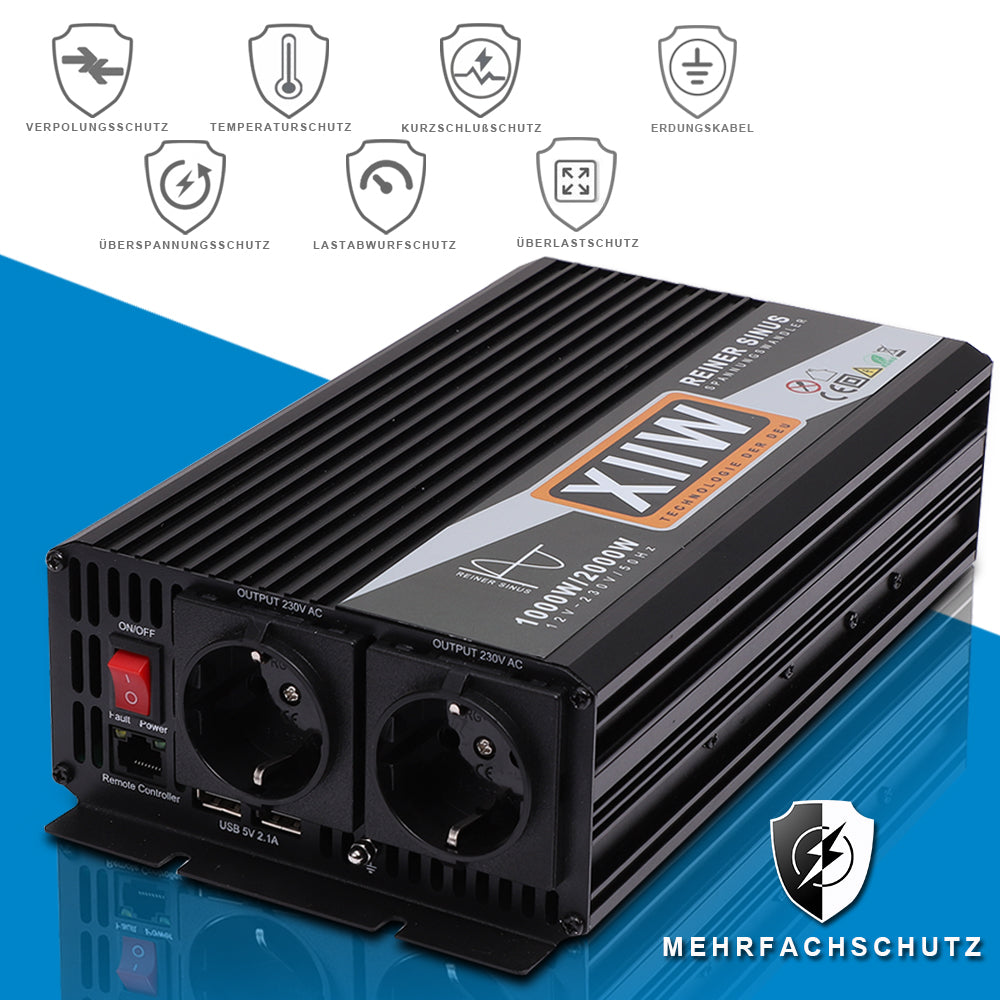 WZTO Reiner Sinus Wechselrichter 1000W/2000W KFZ Spannungswandler DC 12V  auf AC 220V TÜV Zertifiziert Inverter Auto mit Steuerbare Schalter und USB