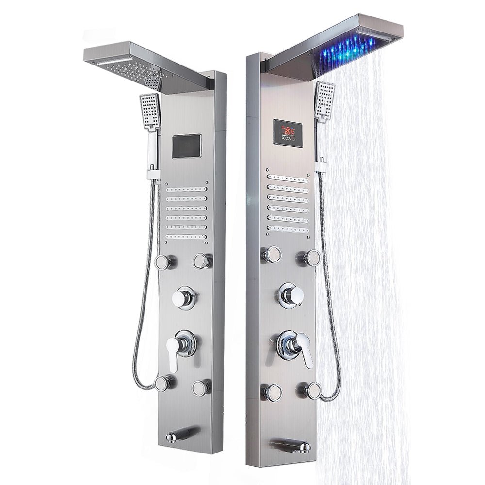 Duschpanel med regndusch - temperaturdisplay - massagedysor - borstat nickel