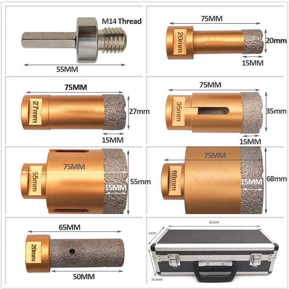 M14 Bohrkrone 20/27/35/55/68+Fingerfräser+HEX Adapter + 2x Diascheibe 125mm