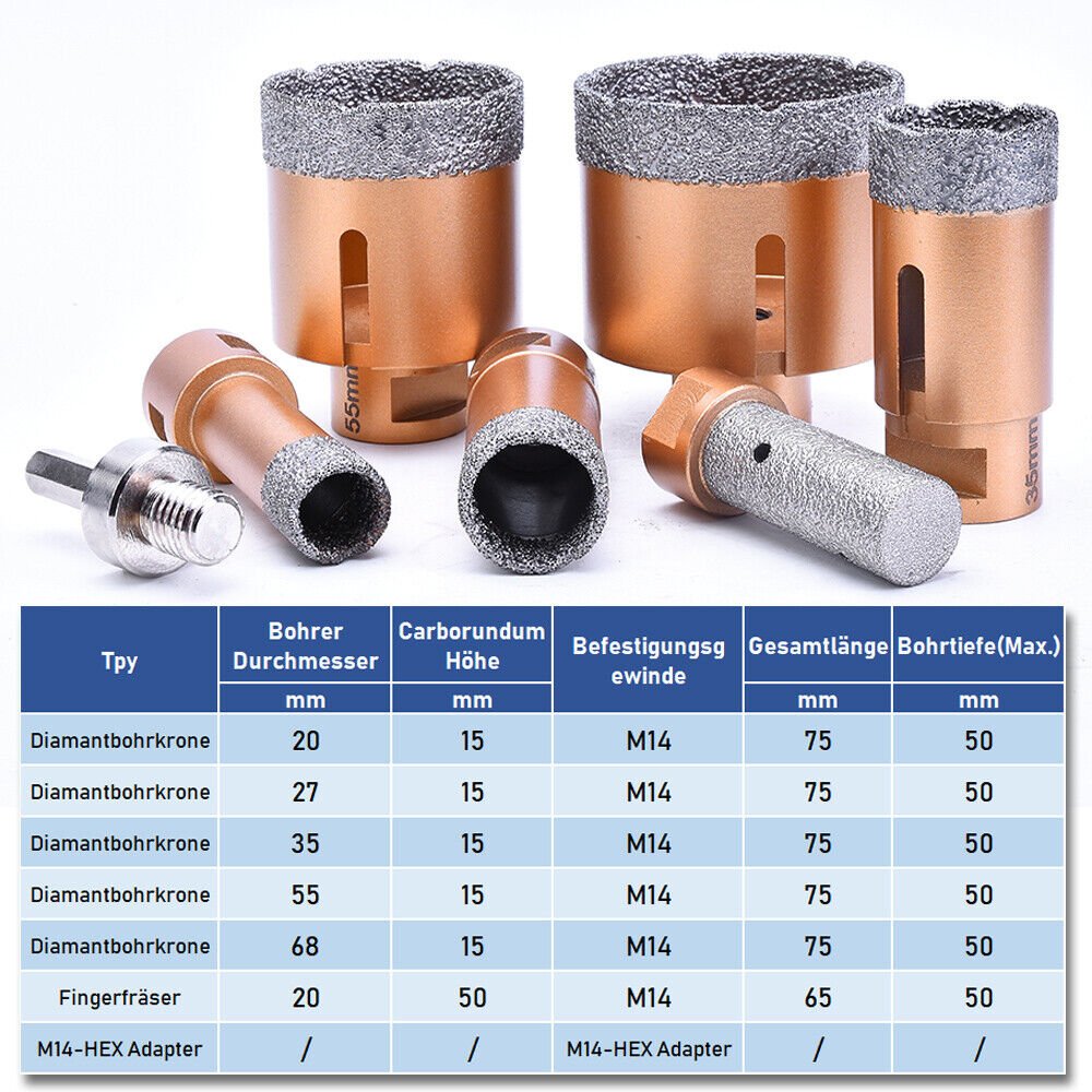 M14 Bohrkrone 20/27/35/55/68+Fingerfräser+HEX Adapter + 2x Diascheibe 125mm