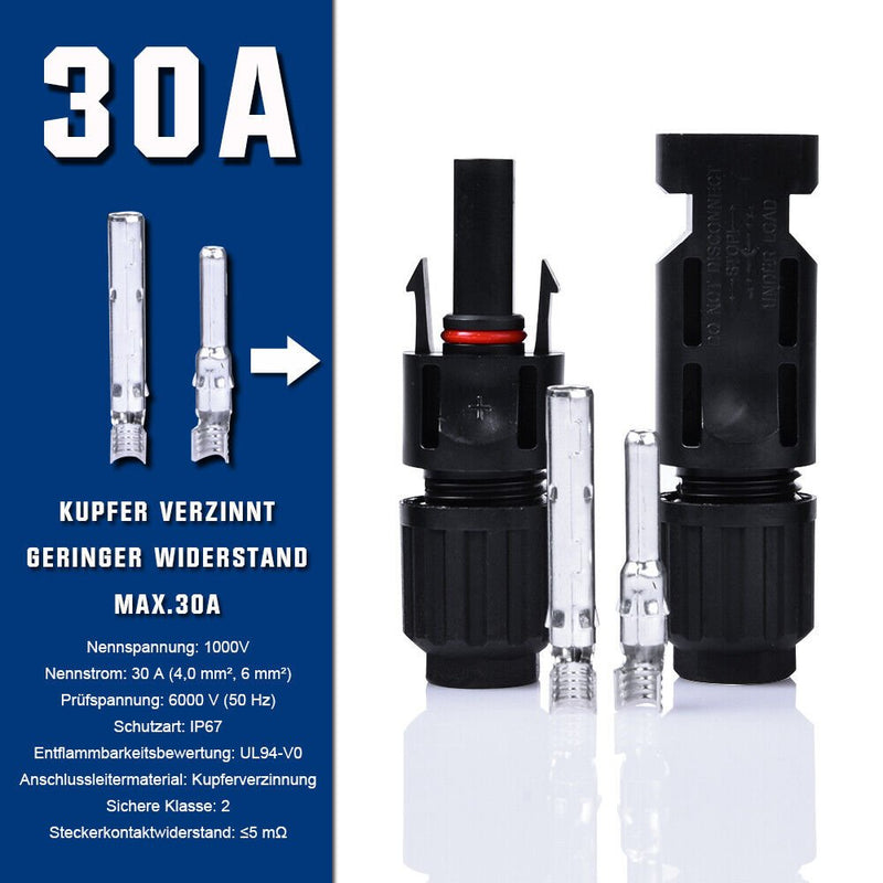 Photovoltaik Solarkabel | 4mm² 6mm² 10mm² | 10m 50m 100m | mit 3Paar MC4 Stecker