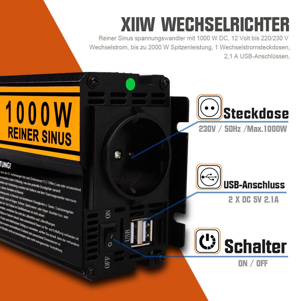 Spannungswandler | Reiner Sinus | 12V auf 230V | 1000W/2000W | 2 USB