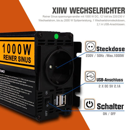 Spannungswandler | Reiner Sinus | 12V auf 230V | 1000W/2000W | 2 USB