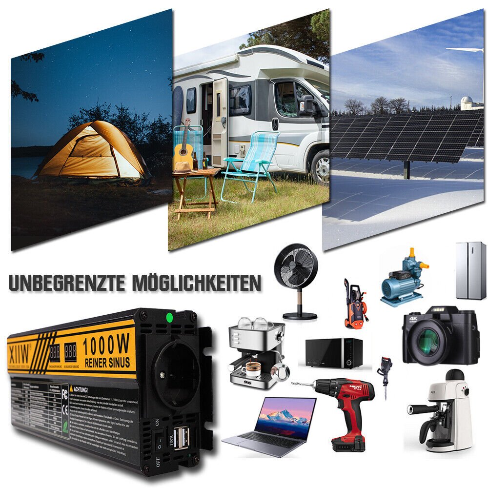Spannungswandler | Reiner Sinus | 12V auf 230V | 1000W/2000W | 2 USB